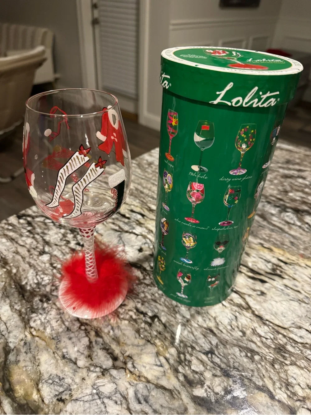 Lolita Red and White Holiday Wine Glass with Feathered Base
